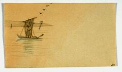 This is a drawing of a sailboat in water with birds flying overhead. This drawing is on tan paper and would have been used as a place card, such as at a dinner party.