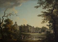 Painting shows a large country estate house.  Situated in the middle distance, the house angles into space.  At the near end is a dovecotte and at the furthest point is an arcade attaching the main house to another building that is obscured by trees.  The foreground is framed by trees on either side, the lefthand tree is partially dead.  At center in the foreground is an elegant party in a boat on a small lake.  This group consists of two women and a man, hand outstretched indicating the scene of the house in the distance.  In addition, two men in vests are also part of the group in the boat, one of whom is seated, the other is propelling the boat with an oar.  Swans, with wings extended behind them, also grace the surface of the water.