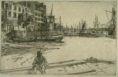 This plate shows a view of docks, businesses that serve shipping, and numerous ships, some pulled up in dry dock. In the foreground a low boat (a barge or lighter) angles into the space, on which a man in a cap is seated, hands on his knees, looking at the viewer.