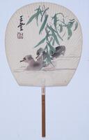 Chinese ink painting on a fan with drawings on the front and a poem on the back.