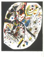 Within a black background a white oval shape sits at center; within the oval are a series of abstracted forms and lines in primary colors all characteristic of Kandinsky's style.