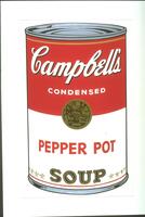 Print depicting a can of Campbell&rsquo;s condensed soup with &ldquo;Pepper Pot&rdquo; written in red capital letters across bottom half of can.