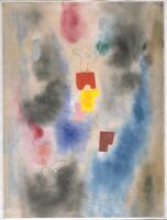 This vertically oriented rectangular watercolor shows splotches of blue, teal, green, and red. There are four amoeba-shaped forms in graphite and six collaged forms in red, yellow, pink, brown and two in grey. There is a border in graphite and a signature and date at the bottom center.