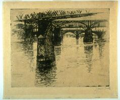 The print displays a scene from a perspective on the water, underneath the bridges. Three bridges can be seen. The first bridge is closer to the viewer, with a pier in the center left of the scene, and the truss barely visible, cutting through the top of the image at an angle. Behind the first bridge, more of the second bridge can be seen, with two piers and an arched truss. The thrid bridge is in the background, right-hand section of the scene. The bridge piers cast six shadows into the rippling water.