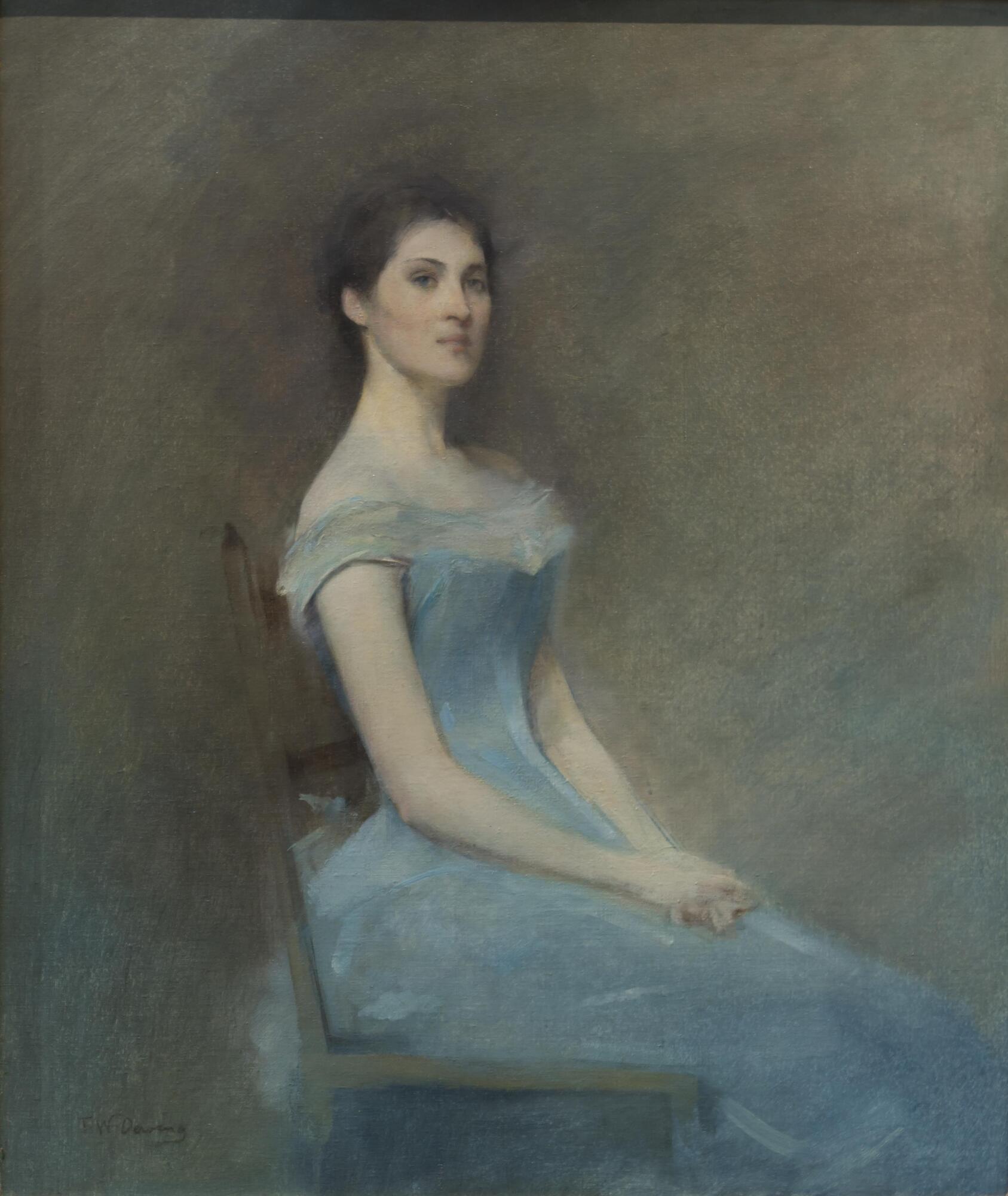 Portrait of a woman with dark hair and fair skin seated in a chair wearing a blue dress amid a sparse background of blues, greens, and browns; her body is positioned at an angle towards the right, while she looks directly out at the viewer.