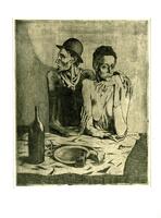 At the center of the scene, a man and a women sit at a table with an empty plate, two glasses, and a large bottle on the table before them. Their gazes are in nearly opposite directions and they appear gaunt.