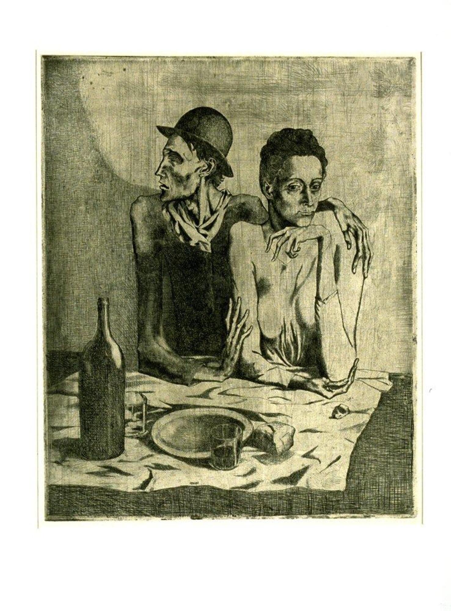 At the center of the scene, a man and a women sit at a table with an empty plate, two glasses, and a large bottle on the table before them. Their gazes are in nearly opposite directions and they appear gaunt.