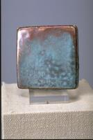Square ceramic tile with copper and turquoise iridescent glaze