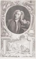 The upper portion of this print depicts an ornate round frame inside of which is a three quarter portrait of a man from the waist up with his left hand held to his head. The lower portion of the print depicts the base on which the frame rests decorated with a classical scene of figures in a landscape. A collection of objects including books, a mask, a crown, a tambourine and sheet music rest atop the base.