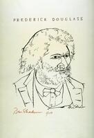 A man is potrayed with curly hair and beard, a stern facial expression, and a formal suit and bowtie. His head and gaze is turned to the right of the piece. The words &quot;Frederick Douglass&quot; borders the piece along with the artist&#39;s signatures and the screenprint number.