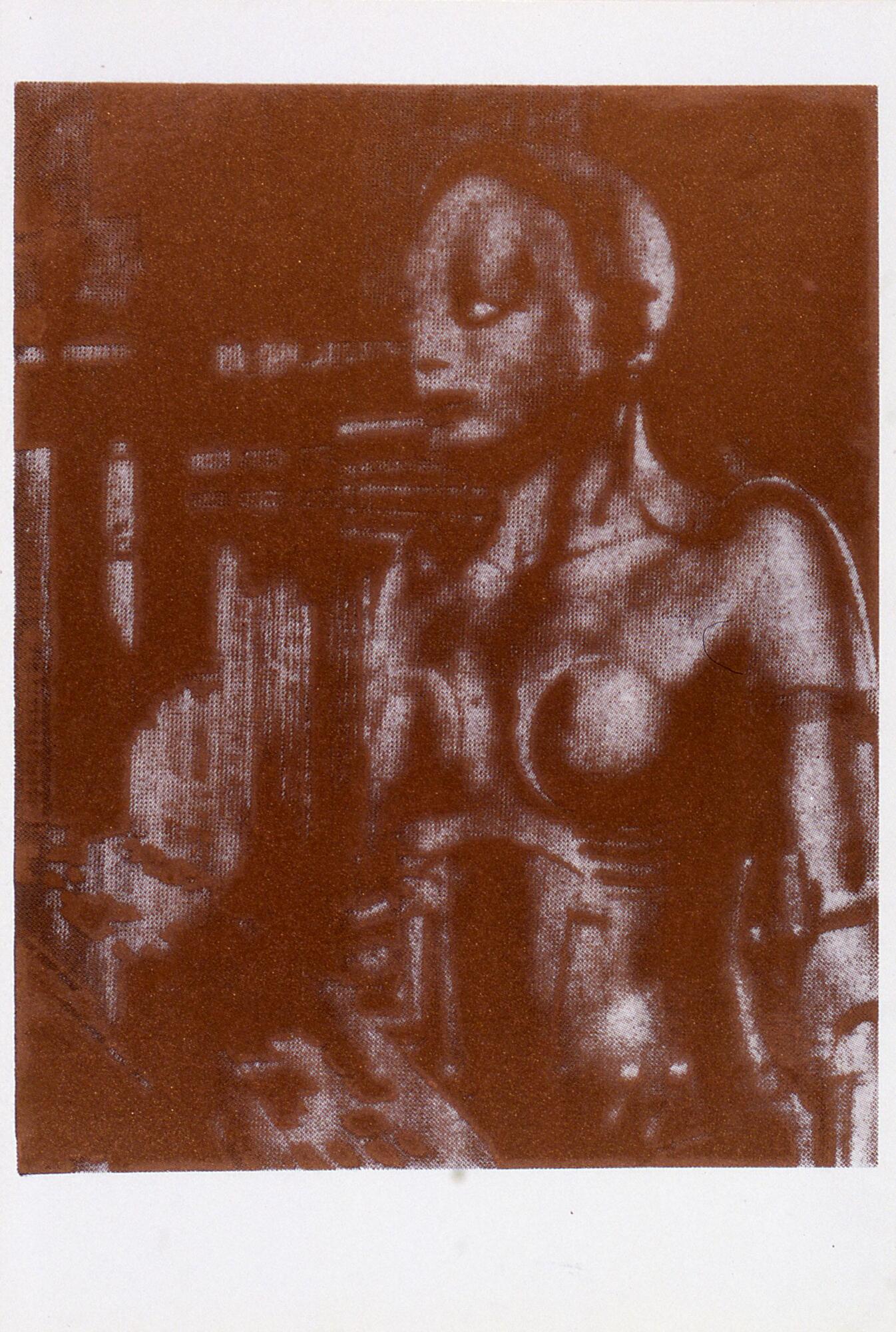 This dark maroon print shows a frontal, three-quarter view of a robotic female who looks off to the left. 