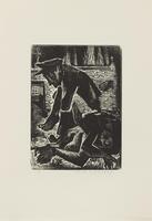 This woodblock print depicts a man leaning over to gather up another figure lying contorted on the ground. There is a cross or a star by the squatting man's head. The print is signed (l.c.) "10 Pepe Ortega" in pencil.