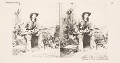 This black and white stereoscopic image features two images of a view of Buffalo Bill seated in an outdoor setting with a gun across his lap. It is surrounded by the text: Sample Set No. 1; “William F. Cody or Buffalo Bill”. <br />