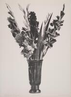 A pencil drawing of a vase containing a bouquet of flowers. The flowers appear to be a mix of lillies and irises.