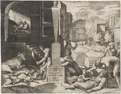Left and right sides of print are seperated by an herm. The left side of the print is a darkened pseudo-interior, with light illimunating two female figures and dead lambs. The right side of the print is set in front of a barn(?) and features figures reacting to the body of a deceased woman in the foreground. BL 2/28/18