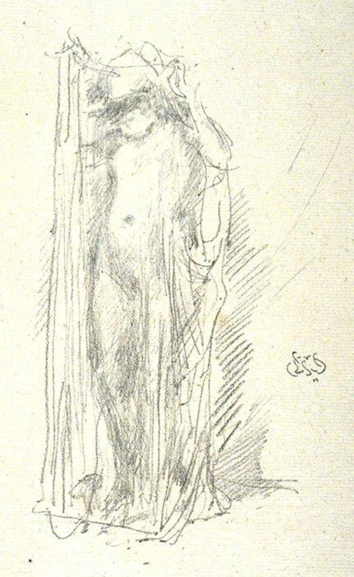 A nude female stands facing towards the left. Her head os bowed down and has a scarf around her hair. Her arms are raised over her head as she holds a diaphanous drapery in front of her figure.