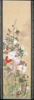 Realistic flowers and grasses, painted with vivid colors on a hanging scroll.