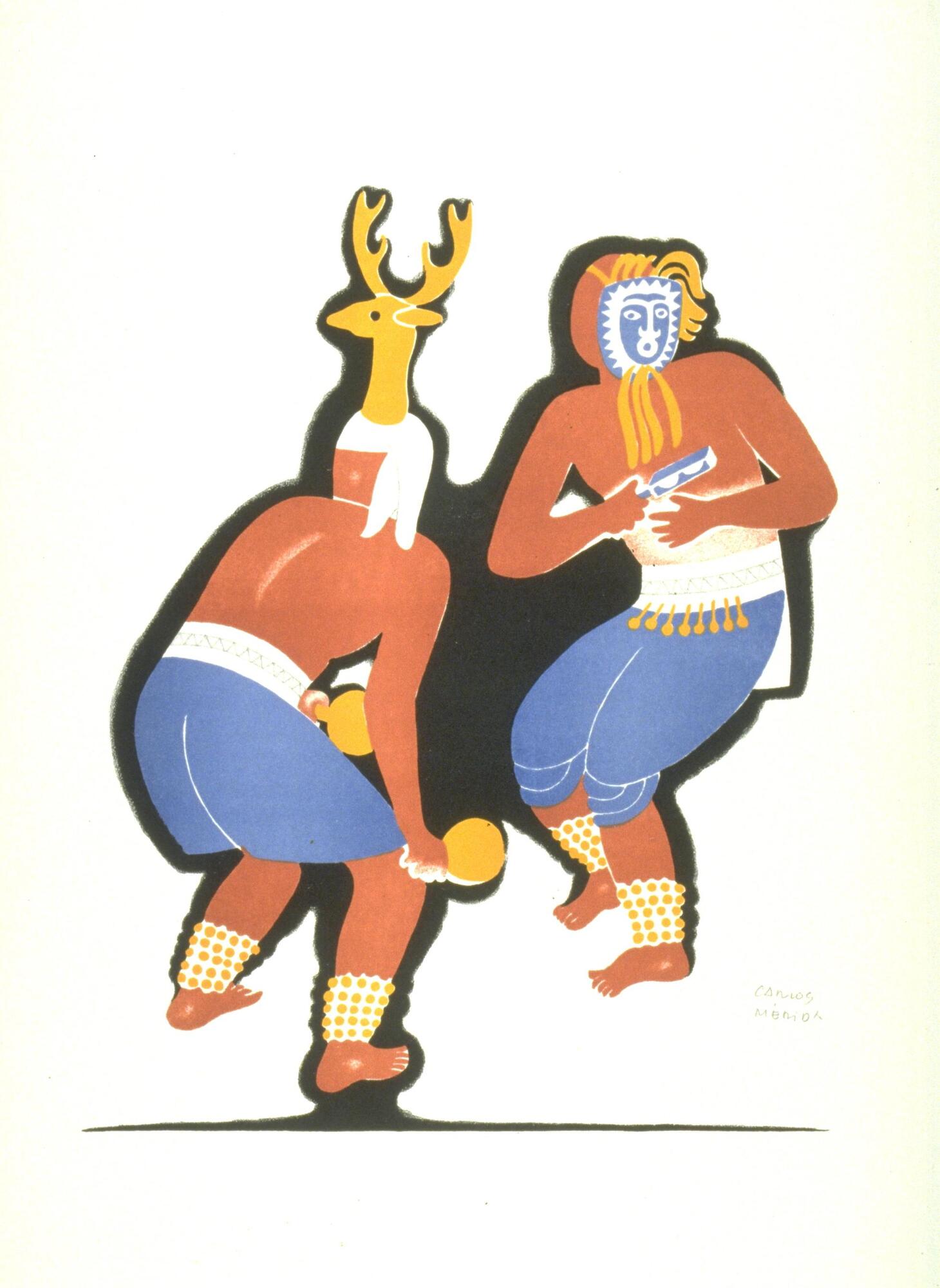 Centered on the page in this print are two figures. Both have oranged-tan skin, revealed by their bare chests, arms and legs. At their ankles, there are white bands with gold circles. On the left, the figure wears blue shorts with a wide white waistband. He faces away, on his head there is a headdress in the shape of a horned-deer that faces to the left, attached by a white cloth. The figure holds two yellow disks. On the right, the man wears slightly different draping knickers with a wide-white waist band that has small orange toggles hanging off the front and a white flap off the back. He wears a blue mask with a white, abstracted face painted on. The mask has gold fabric attached at the top and bottom to represent hair and a beard. This right figure holds a small blue box with white design.