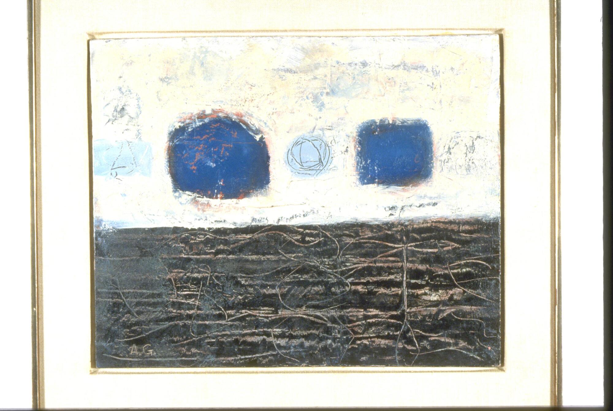 A landscape reduced to minimal abstract elements. The lower half of the painting is black. The upper half, various shades of white and blue. Two black squares are suspended in the white above the black. A small pale blue circle is between the squares.