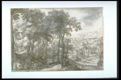 This is a brown pen and gray wash drawing in a horizontal format. It shows a sweeping landscape scene with a wooded area in the foreground and distant mountains in the background. In the lower left corner, there is a group of three figures seated among tall trees with full foliage. There are other groups of people positioned in this wooded area. Beyond the trees, there is a rural village with thatched roof buildings, church steeples and windmills. Farmland extends out into a distant mountain range on the right.