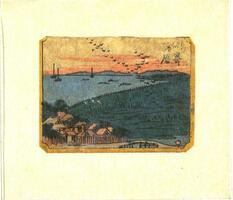 The print depicts the landscape of hills by the sea, with some residential houses and a bridge in the left foreground. The print also illustrats ships floating on the water and birds flying above the sea from the distant mountain.