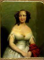 Portrait of woman in white off-the-shoulder dress with gold broach. Red textile wrapped around subject&#39;s left arm. Green backdrop. Larson 2/5/18&nbsp;