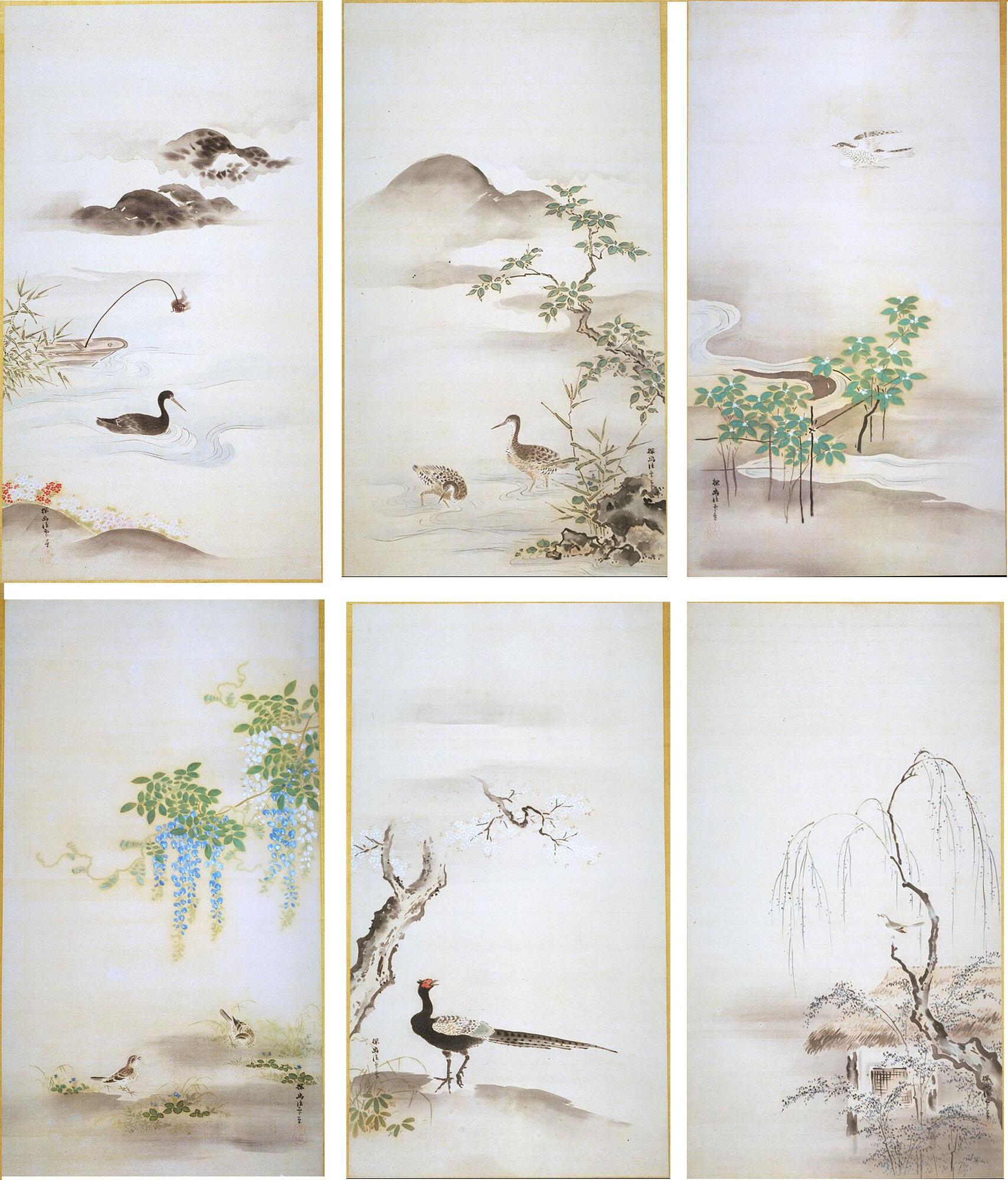 These panels represent six of the twelve months. The panels each have calligraphy and a red seal in one corner. In each panel there is a bird and a type of plant, which are suggestive of particular months. On the top left panel there is bamboo, the bow of the boat with a small lamp attached to it, and a type of water fowl. In the bottom middle panel is a blooming sakura tree and a pheasant. In the bottom left panel is blue and white wisteria ans small sparrows. In the bottom right panel there is a willow slowly coming back to life after winter over a thatched building.