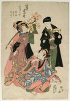 This print shows four individuals. The woman standing on the left wears a long robe decorated at the bottom and carries a flowering tree branch over her shoulder. The woman on the right wears a green robe covered by a black outer-robe with white crests. Her head is covered in a black wrap. A woman squats beneath them with a baby on her back. She wears blue and pink robes.<br /><br />
Inscriptions: Ueyo (Publisher's seal); Kiwame + futakata (Censor's seals); Kunisada ga (Artist's signature); Iwai Hanshirō (Title) <br />
 