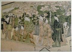 An image of women walking down the street. The woman at the forefront is trailed by two young girls and another woman. They wear similarly pattererned kimono with geometric designs and orange and green coloration. To the right of them are two women talking to two men, one crouched behind the other, under cherry blossom trees. The women appear to wear kimono of orange color and patterened with leaves. The first man wears a black striped kimono and a sword hilt can be seen strapped to his waist while the man behind him wears grey. In the background is a building and a group of men walking about. In the center of the background, inside the building, a woman can be seen.