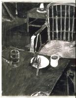 This is a dark, black and white drawing of the interior of a room. In the foreground is a table with a white saucer, silverware, white mug, and glass on top. On the other side of the table is a chair. A smaller table is visible behind the chair in the background of the drawing with a white object on it. The drawing is on medium thick, smooth white wove paper.  There are very visible brush strokes across the drawing, and the paper is crinkled from moisture.