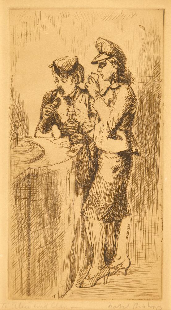 This etching contains two standing women at a counter. The woman on the right drinks while the woman on the left eats. They both have hats on; the woman on the right wears high heels, a knee-length skirt, and a petticoat.