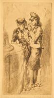This etching contains two standing women at a counter. The woman on the right drinks while the woman on the left eats. They both have hats on; the woman on the right wears high heels, a knee-length skirt, and a petticoat.