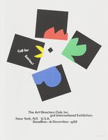 A poster advertising The Art Directors Club, Inc.&#39;s 3rd International Exhibition. Four black squares, arranged in a circular formation around a tiny black square, occupy the center. Each square has fragments of colors. The one on the left reads &#39;Call for Entries&#39;.