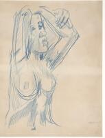Nude woman in 3/4 profile from navel up, facing right, with eyes closed and arms resting on head. Right hand visible near left elbow.