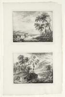 TOP IMAGE: A river scene, with the river and scenery in the bottom 1/3 of image, and the skyfilling the top 2/3rds. A boat with two fisherman near shore in bottom left corner, and nother small pair of fishermen appear on bank in bottom center. To the right is a grove of trees, stretching from bottom right to top right. Distant mountains appear on the bottom left, as the river stretches into the background. An architectural structure - walls with perhaps dwellings on top - stretches along the riverbank on the left. <br />BOTTOM IMAGE. A river appears in the bottom right corner and streches into the central background. A path tops the left-hand bank, on which a group of three travelers, facing the viewer, walk in the bottom left corner of image. Two carry walking sticks. In the center stands a medieval pilgrimage marker, near whose base is a traveler in large hat with walking stick. Trees line the river on both the right and left sides, and in the left grove is a partially hidden thatched house.