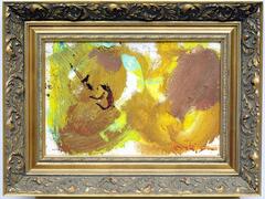 Abstract painting dominated by brushstrokes in vivid yellows on white background with light blues in center and left side of canvas, large area of light brown in upper right and lower left, and brushstrokes in dark red in left center of canvas. Signed “hans hofmann” in lower right.