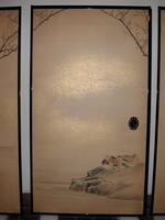 2003/1.405.1-4 comprises two sets of four panels of fusuma-e (sliding doors) still in their original frames, with the metal door pulls set into each of the paintings. One side, across all four panels, depicts mandarin ducks and plum trees, by Yokoyama Seiki (1793&ndash;1865); and on the reverse is a river landscape by Seiki&#39;s pupil, Okajima Seik&ocirc; (1828&ndash;1877).
