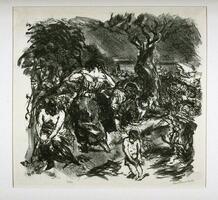 This lithograph shows a series of figures in various stages of undress in an outdoor scene. In the foreground, there is a small boy with shorts on. Behind him there are two women in skirts and corsets, one seated taking off her stockings, and one standing, facing away. To their right, are two figures lying on the ground. There is a large tree that rises to the right. The overall scene is created in dark, forceful lines and marks.