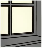 This print depicts the lower right portion of a four-paned window and its sill. The sill and window framing is outlined in thick black lines and colored in a dark grey. The window panes are colored in a muted yellow. The print is signed and editioned in pencil (l.r.) "Patrick Caulfield AP".