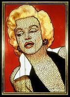 Bust-length portrait of Marilyn Monroe positioned in front of a red background; Haring used a poster of the actress onto which he applied sumi ink in a series of outlines, marks and drips over the face, neck, chest and shoulders.