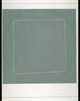 This print depicts a solid slate-green square, the outline of which circumscribes a green circle which in turn circuscribes a white square. The square is slightly off-kilter. It is printed on Rives BFK paper.