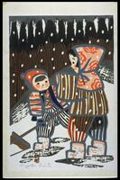 This print depicts two children in the snow with a snow shovel.