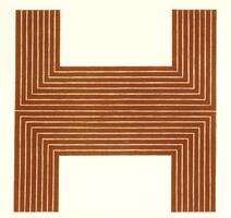 This print shows a shape like the letter H, although wider than normal. It is made of regularly spaced copper color and white stripes. It is printed on special Arjomari paper.
