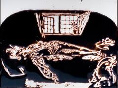 A photograph of a drawing made with chocolate syrup on a piece of white plexi-glass.