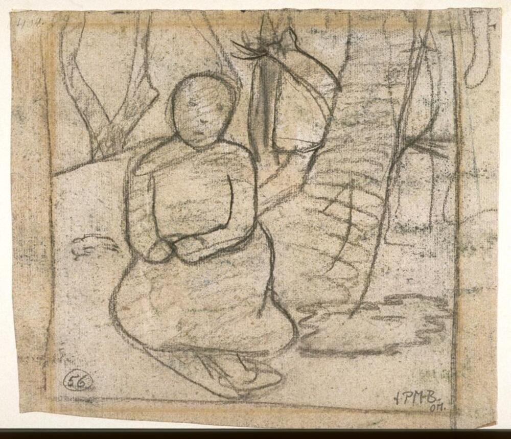 Drawing featuring a small child seated with its hands in its lap stares out at the viewer amid a forest of birch trees.