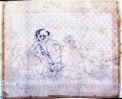 A crouched figure on the left side with large ears and large mouth holds it's own genetalia. There are two woman figures on the right side with backs to the crouched man. The women are fainter and harder to see in the drawing.