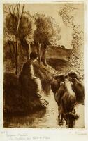 A woman sits at the left on a grassy bank looking at a group of cows standing in water.  Behind are trees and a hill rising up in the distance.<br />Possible watermark at center left (of verso); image shows a fleur de lis over a triangle. Paper size: lh 26 2/5cm &amp; rh 26 1/2cm x w 19 1/2cm. Plate size: lh 19 7/10cm &amp; rh 19 9/10cm x w 13 2/5cm. Image size: lh 19 1/10cm &amp; rh 19cm x tw 12 2/5cm &amp; bw 12 1/2cm.