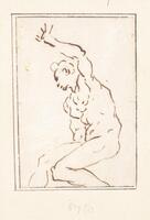 A sketch of a male nude from the side. His left arm is extended upwards as he looks down to his right. He appears to be sitting due to his bent stance, but there is no chair or bench drawn.
