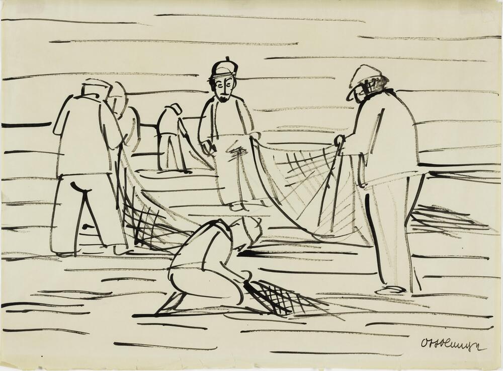 An ink drawing of six men, most of whom are working with nets. The setting is defined by a series of long, horizontal lines.