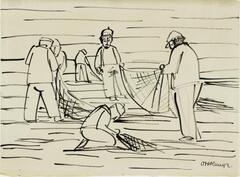 An ink drawing of six men, most of whom are working with nets. The setting is defined by a series of long, horizontal lines.